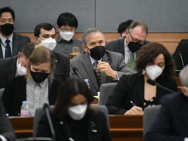 US Ambassador to South Korea Harry Harris (C) and other foreign diplomats wearing face masks attend a briefing by South Korea's Foreign Minister Kang Kyung-what on COVID-19. Picture: AFP