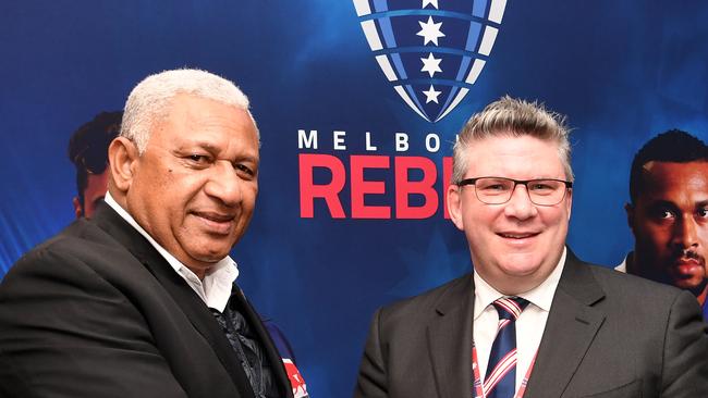 Paul Docherty with Fiji’s Prime Minister, Frank Bainimarama, promoting a Super Rugby match in 2018.