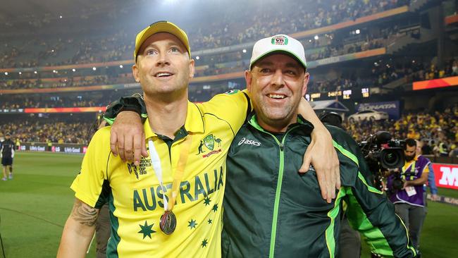 Michael Clarke pictured with Darren Lehmann. Pic. Phil Hillyard