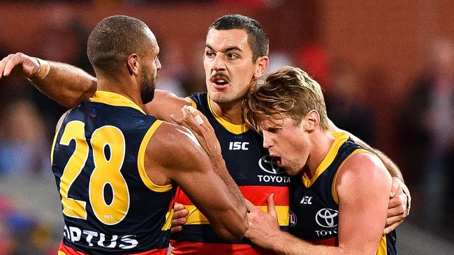 Taylor Walker returned to form with three goals in Adelaide’s commanding win. Picture: Daniel Kalisz/Getty Images. 