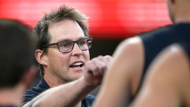 Blues coach David Teague talks to his team during the match against Collingwood. Picture: Jono Searle/AFL Photos/via Getty Images