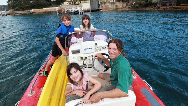 Hotelier Jerry Schwartz with son Dane and twin daughters Amber and Lara in front of the $65m Vaucluse mansion that he is renovating. Picture: John Feder