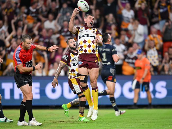 Corey Oates celebrates a try on his return to the first-grade side. Picture: NRL Photos