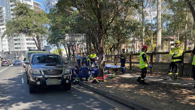 A ute struck a pedestrian walking along Pennant Hills Rd. Picture: CareFlight