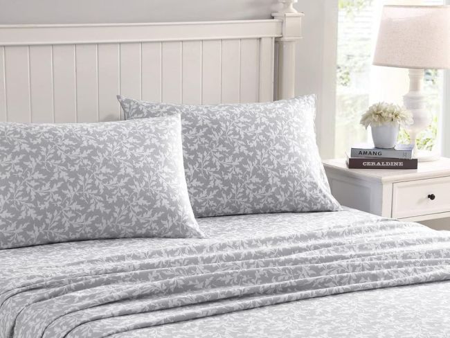 Laura Ashley Home Cotton Flannel Sheet Set in Crestwood Pastel Grey. Picture: Amazon Australia.