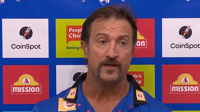 Luke Beveridge let rip at Tom Morris in one of the all-time press conference tirades. Pic: Fox Footy