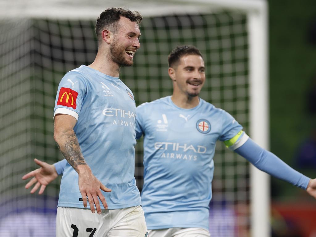 Aiden O'Neill (left) celebrates his goal with his Melbourne City teammate Jamie Maclaren. Picture: Darrian Traynor/Getty Images