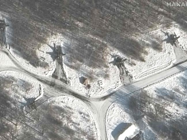 Satellite image shows six of 15 SU25 ground attack aircraft at Luninets Airfield in Luninyets, Belarus, on February 4, 2022. Picture: AFP/ Satellite image Â©2022 Maxar Technologies