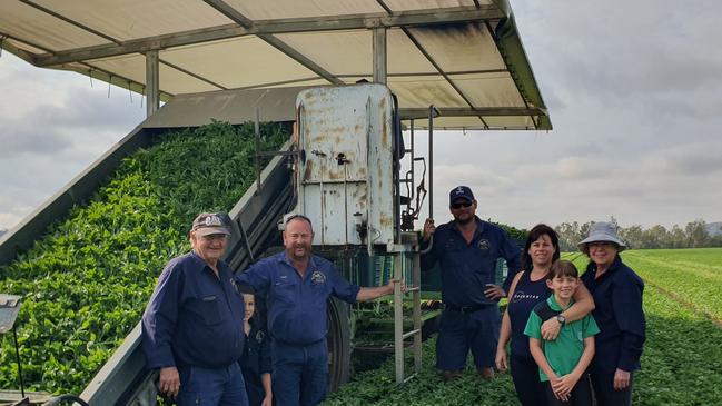 Trevor and Joy Goos, with son Jamie and daughter-in-law Edith Goos and their children Desiree and Archer, and farm manager Matthew Thomasson, on their herb farm at Biloela, QLD.