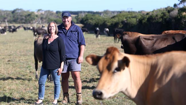 Dairy farmers Mick & Paula Hughes, Inverloch. Picture: Yuri Kouzmin