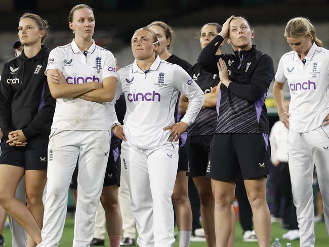 MELBOURNE, AUSTRALIA - FEBRUARY 01: England look dejected after day three of the Women's Ashes Test Match between Australia and England at Melbourne Cricket Ground on February 01, 2025 in Melbourne, Australia. (Photo by Daniel Pockett/Getty Images)