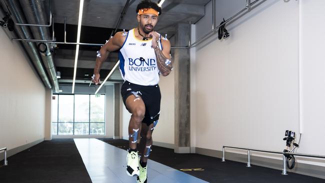 Babe Vaitohi, Bond University student and 100m sprinter at Bond University's new health precinct's 60m gait laboratory featuring pressure sensors and cameras to analyse human movement. Picture: Cavan Flynn