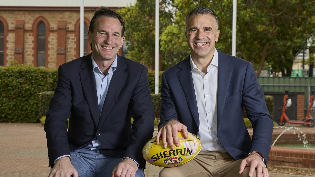 AFL CEO, Andrew Dillon and South Australian Premier, Peter Malinauskas outside Prospect Oval, launching the Gather Round fixture, Sunday, Nov. 12, 2023. Picture: Matt Loxton