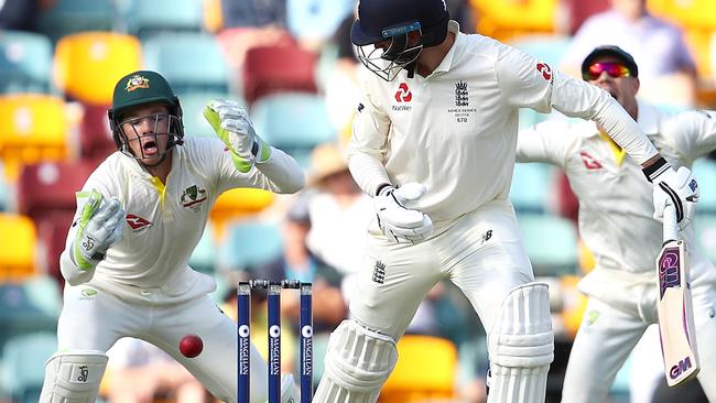 Tim Paine spills a chance in the first Test at the Gabba.