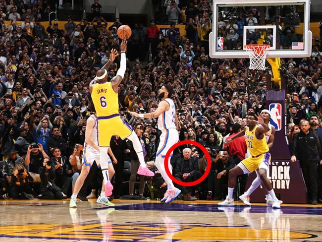 LeBron scores as Phil Knight watches on. Pic: Getty