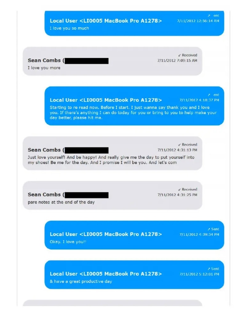 The messages include a loving exchange between the former couple. Picture: Supplied