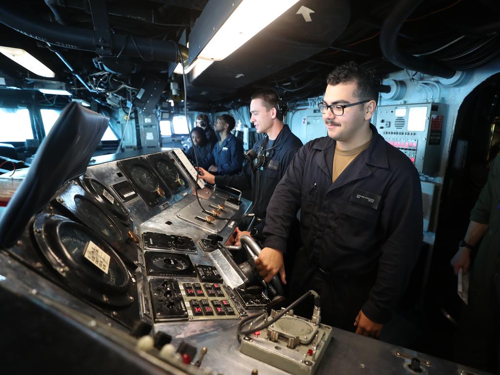 On the bridge of the Wasp. Photos on board the USS Wasp. Pic Peter Wallis