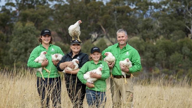 Mandy and Ian McClaren run Yapunyah Meadow Grazed Chickens at Graytown with their sons Derby and Bryce. Picture: Zoe Phillips