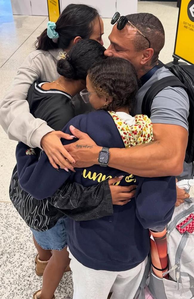 A teary farewell hug at Brisbane Airport as Kat, Jonathan and Deja say goodbye to Latisha before starting their new life in LA. Photo: Instagram.