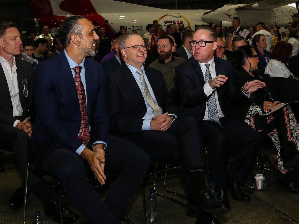 Former AFL star Adam Goodes, Mr Albanese and Mr Joyce in August 2023. Picture: NCA NewsWire/Gaye Gerard