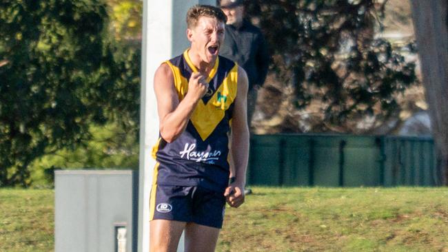 Bryce Alomes celebrates one of his six goals in the SFL’s win over the North-West. Picture Joeb Dedman