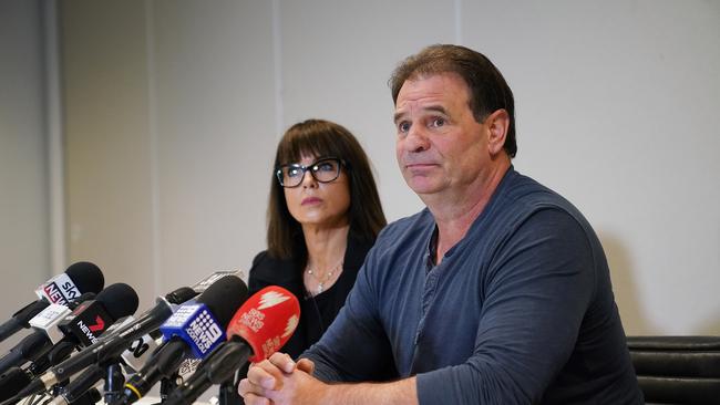 CFMMEU Secretary John Setka and his wife Emma Walters speak to the media during a press conference at the Electrical Trades Union building in Melbourne. Picture: AAP Image/Stefan Postles