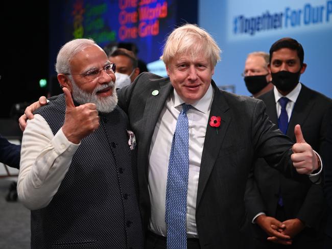 India's Prime Minister Narendra Modi and Britain's Prime Minister Boris Johnson on day three of COP26. Picture: Jeff J Mitchell/Getty Images