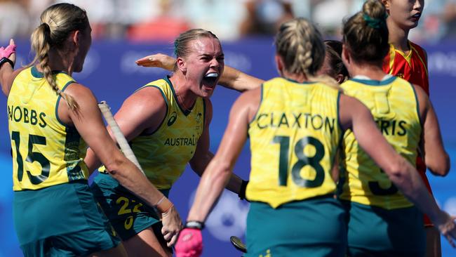 Tatum Stewart of Team Australia celebrates scoring her team's second goal with teammates during the Quarter Final Women's match between Australia and People's Republic of China on day ten of the Olympic Games Paris 2024. Photo: Luke Hales/Getty Images.