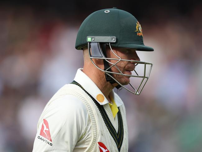 LONDON, ENGLAND - JULY 27: David Warner of Australia looks dejected after being dismissed by Chris Woakes of England  during Day One of the LV= Insurance Ashes 5th Test match between England and Australia at The Kia Oval on July 27, 2023 in London, England. (Photo by Ryan Pierse/Getty Images)