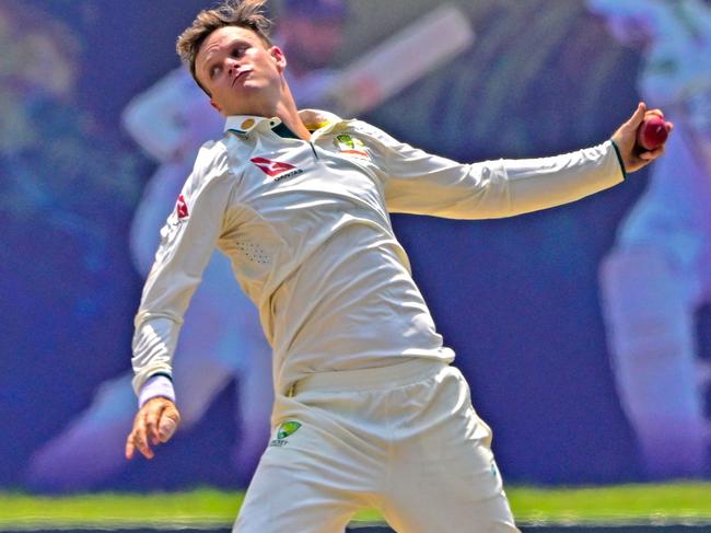 Australia's Matthew Kuhnemann bowls during the first day of second test cricket match between Australia and Sri Lanka at the Galle International Cricket Stadium in Galle on February 6, 2025. (Photo by Ishara S. KODIKARA / AFP)