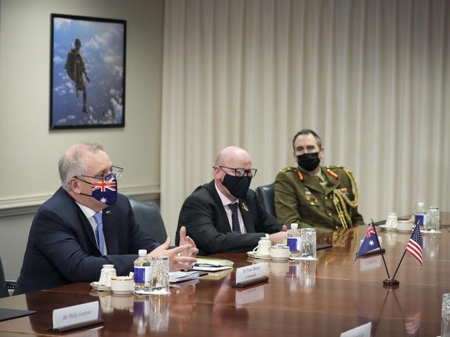 Australian Prime Minister Scott Morrison (left) speaks during a meeting with US Secretary of Defense Lloyd Austin at the Pentagon on September 22. Picture: Getty Image