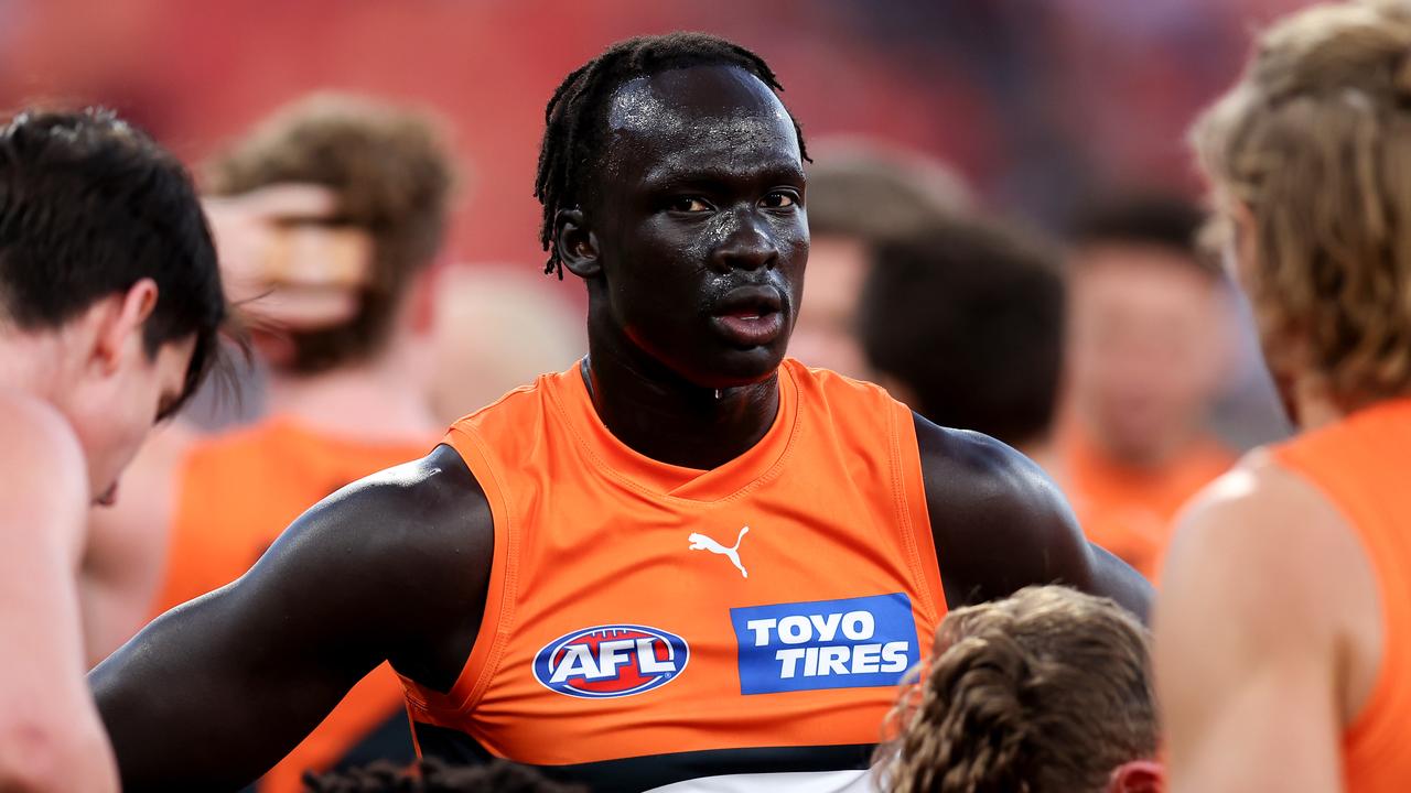 SYDNEY, AUSTRALIA - JUNE 16: Leek Aleer of the Giants looks on at quarter-time during the round 14 AFL match between Greater Western Sydney Giants and Port Adelaide Power at ENGIE Stadium, on June 16, 2024, in Sydney, Australia. (Photo by Brendon Thorne/AFL Photos/via Getty Images)