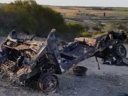 The burnt-out Toyota Echo used in the murder of Mark Boyce was found at a Hells Angels property in Ponde. Picture: 10 News First Adelaide