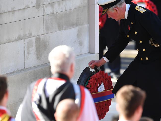 Prince Charles lays a wreath at the Cenotaph during the Remembrance Sunday ceremony. Picture: AFP