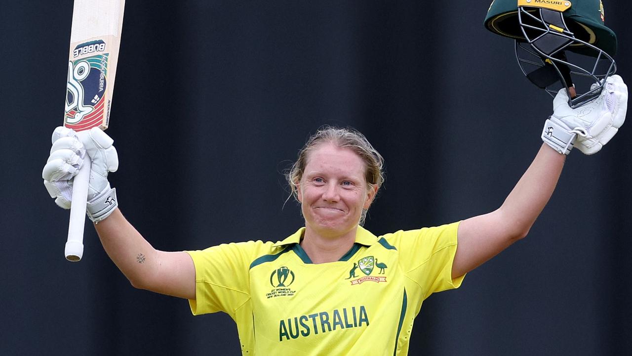 Australia's Alyssa Healy celebrates reaching her century against the West Indies at the Basin Reserve in Wellington. Photo: AFP