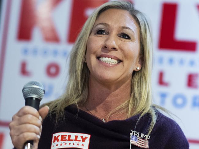 UNITED STATES - OCTOBER 31: Marjorie Taylor Greene, Republican nominee for Georgia's 14th Congressional District, speaks at a campaign event with Sen. Kelly Loeffler, R-Ga., who is running for reelection, at the Floyd County Republican Party Headquarters in Rome, Ga., on Saturday, October 31, 2020. (Photo By Tom Williams/CQ-Roll Call, Inc via Getty Images)