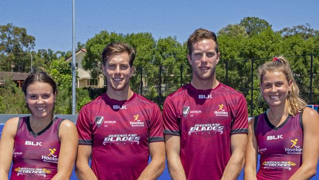 Sisters Madison (left) and Savannah (right) Fitzpatrick and brothers Dylan (second from left) and Blake Wotherspoon. All represent Queensland in hockey. Picture credit: Greg Thompson, Click InFocus.