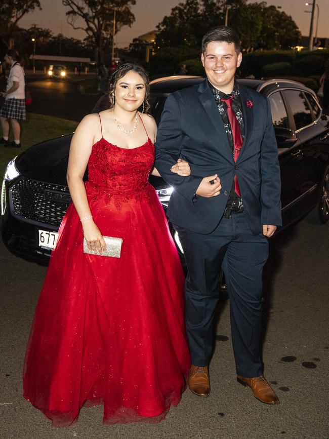 Lillian Ellem and Brayden Thompson arrive at Harristown State High School formal at Highfields Cultural Centre, Friday, November 18, 2022. Picture: Kevin Farmer