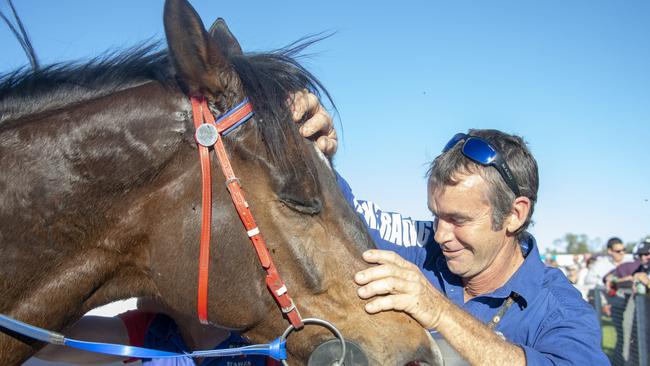 Clarke with Neat Feat which won the trainer his fourth Pioneer Sprint in Alice Springs. Picture: Nikki Westover.