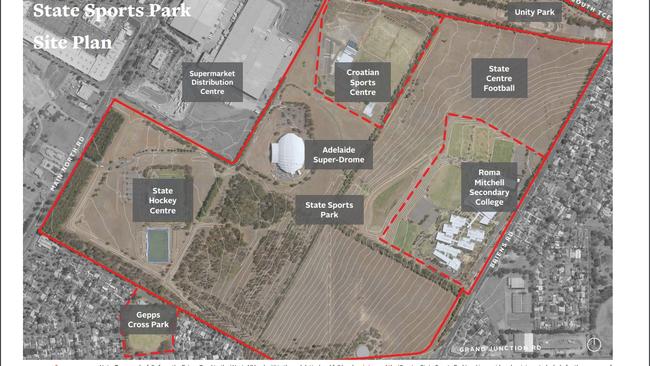 State Sports Park Master Plan showing area in bottom right corner now is vacant land, with plans to turn it into a Community Recreation precinct. The red line is the boundary of the “Greater State Sports Park.”