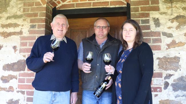 Rod Chapman, Mark Jenke and Rebecca Jenke at Jenke Vineyards. Picture: Jack Hudson.