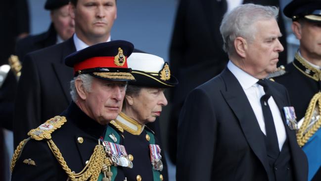 King Charles III, Princess Anne, Princess Royal and Prince Andrew, Duke of York arrive at St Giles Cathedral in Edinburgh, Scotland.