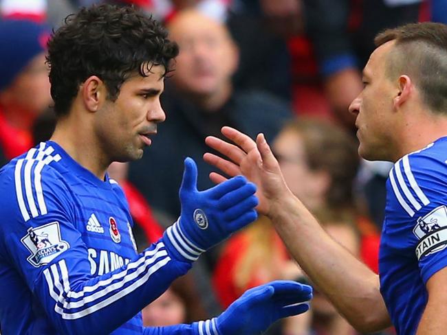 LIVERPOOL, ENGLAND - NOVEMBER 08: Diego Costa of Chelsea celebrates scoring their second goal with John Terry of Chelsea during the Barclays Premier League match between Liverpool and Chelsea at Anfield on November 8, 2014 in Liverpool, England. (Photo by Alex Livesey/Getty Images)