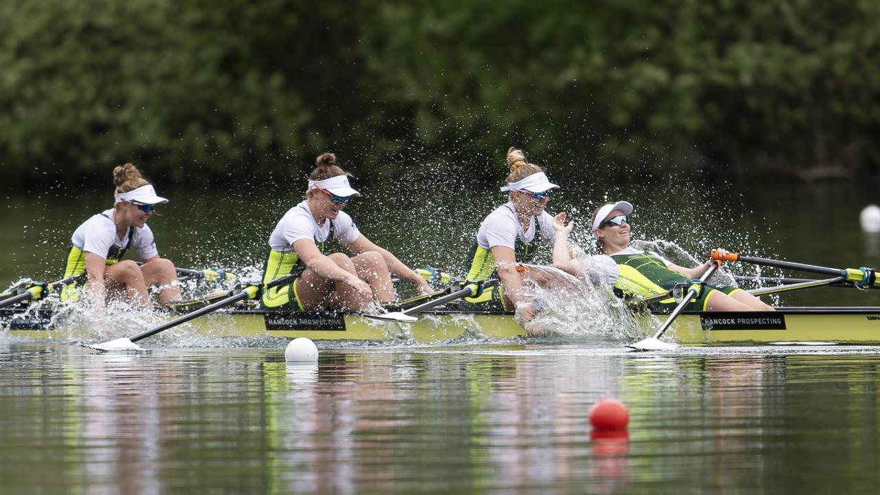 Regatta of death: Ria Thompson, Rowena Meredith, Harriet Hudson and Caitlin Cronin win the quad sculls final at the final Olympic qualification regatta on May 16 in Lucerne, Switzerland. Photo: Getty Images