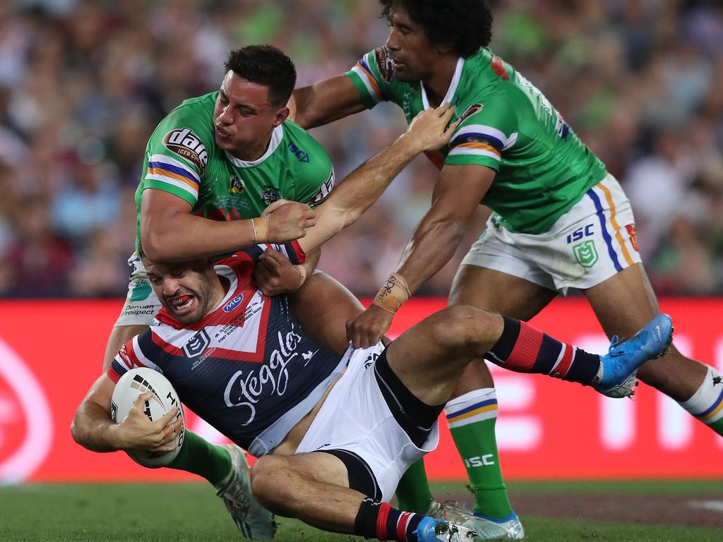 Roosters James Tedesco is tackled during the 2019 NRL Grand Final between the Sydney Roosters and Canberra Raiders at ANZ Stadium, Sydney. Picture: Brett Costello