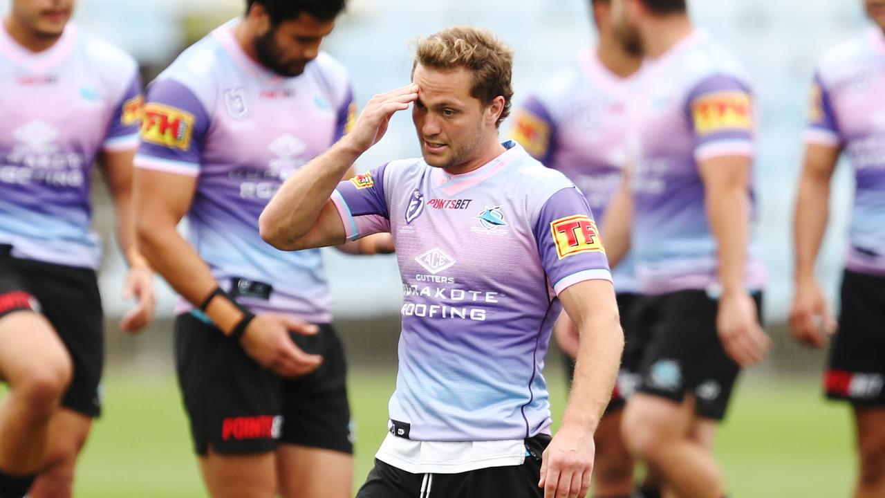 SYDNEY, AUSTRALIA – SEPTEMBER 30: Matt Moylan looks on during a Cronulla Sharks NRL training session at PointsBet Stadium on September 30, 2020 in Sydney, Australia. (Photo by Brendon Thorne/Getty Images)