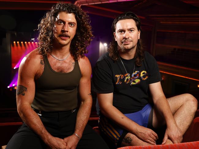 DAILY TELEGRAPH MARCH 17, 2023. EMBARGOED FOR THE DAILY TELEGRAPH, PLEASE CONTACT PIC EDITOR ROHAN KELLY BEFORE PUBLISHINGPeking Duk band members Adam Hyde and Reuben Styles ahead of their show at the Enmore Theatre, part of their first tour in four years. Picture: Jonathan Ng