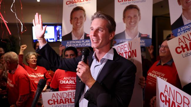 Labor’s Andrew Charlton pictured giving his victory speech at the Collector hotel in Parramatt. Picture: Damian Shaw