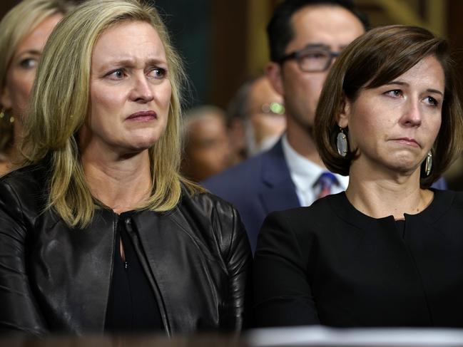 Ashley Estes Kavanaugh, right, wife of Supreme court nominee Brett Kavanaugh, listens as he testifies. Picture: AP