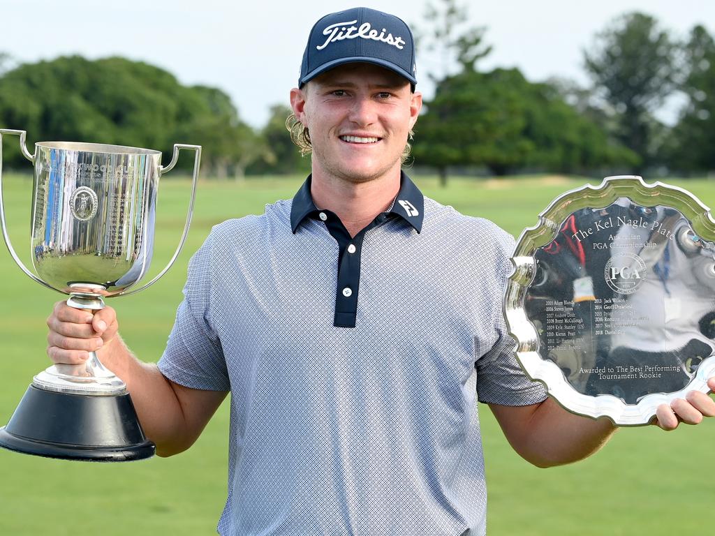 BRISBANE, AUSTRALIA - JANUARY 16: Jediah Morgan of Australia holds the Kirkwood Cup as he celebrates victory on the fourth day of the PGA 2021 Australian Championship at the Royal Queensland Golf Club on January 16, 2022 in Brisbane, Australia.  (Photo by Bradley Kanaris / Getty Images)